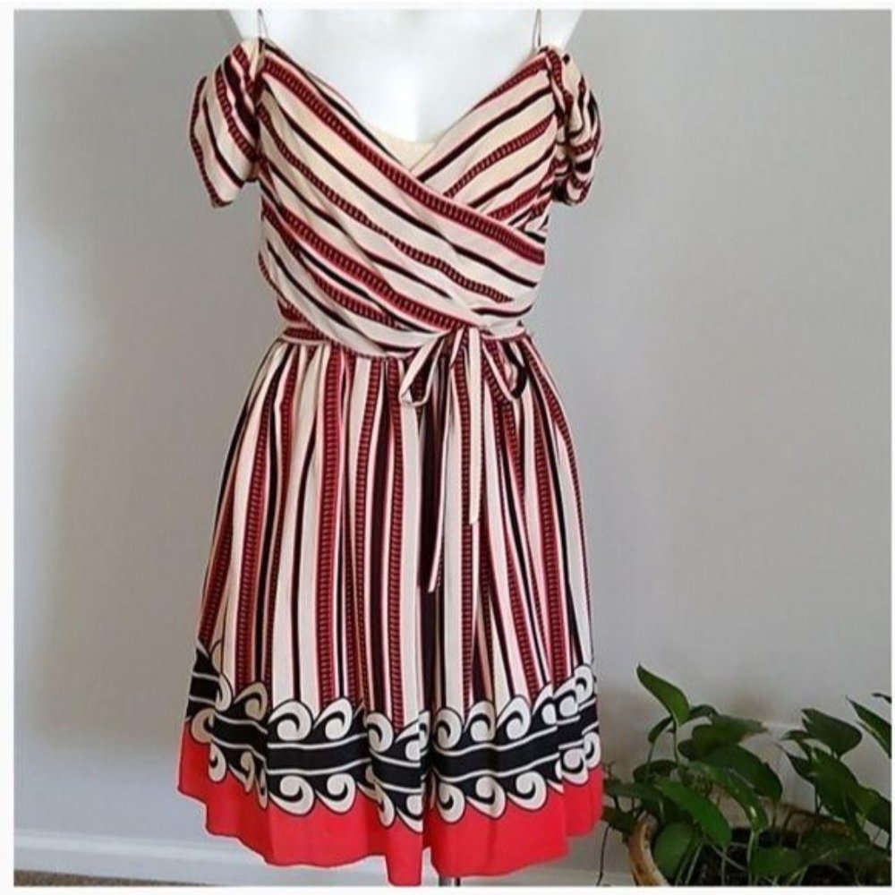 Anna Sui Dress Off The Shoulder Silk Ruched Red - Picture 2 of 7